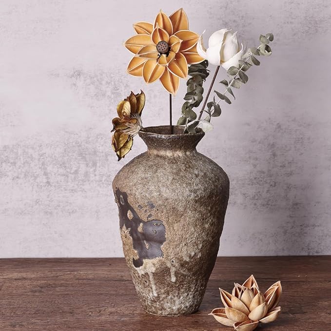 Wabi Sabi Decor Rusty Vintage Vase - 8.7" Tall Rustic Farmhouse Wabi Sabi Vase for Centerpiece, Textured Pottery Flower Vases for Home Decorative, Table, Living Room, Bedroom, Bathroom, Kitchen