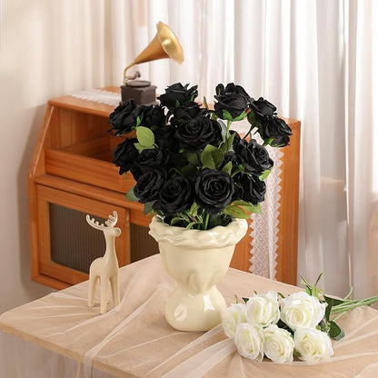 Nubry 24pcs Artificial Silk Roses Bulk,Fake Roses Flower with Stems Realistic Flowers for Wedding Centerpiece Home Party Decor(Black)