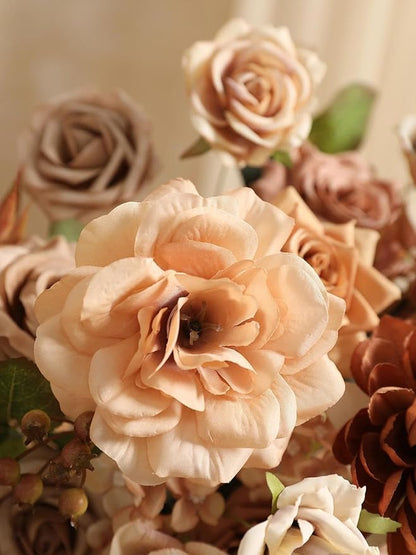 Coffee Artificial Flowers Combo Brown Silk Flowers Fake Roses Dahlia with Stems for DIY Wedding Bridal Bouquets,Table Centerpieces,Cake Floral Arrangement,Baby Shower,Birthday Home Decor