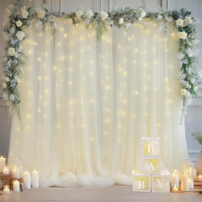20x10ft Ivory Tulle Backdrop Curtain with Lights String for Parites, Sheer Backdrop Curtains for Wedding Baby Shower Birthday Party Photo Shoot Decorations