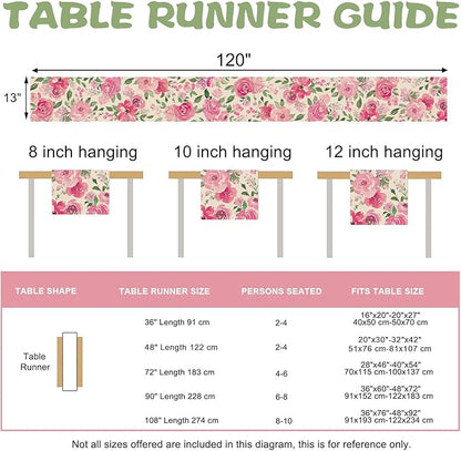Seliem Spring Summer Watercolor Flower Table Runner, Pink Peony Floral Kitchen Dining Table Decor, Seasonal Burlap Home Decoration Indoor Outdoor Party Supply 13 x 120 Inches