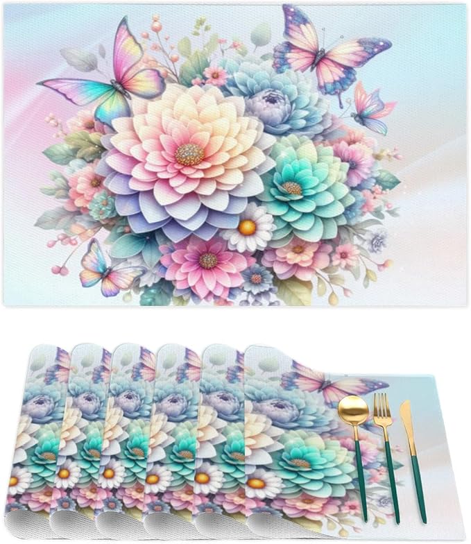 PVC Placemats Set of 4 Spring Flower Floral Wipeable Table Mats Washable Heat Resistant Non Slip Vinyl Dining Table Mat for Kithen Indoor Outdoor Patio Farmhouse Place Mats Decorative