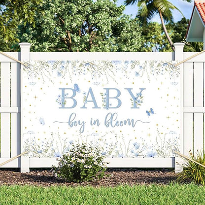 Baby Boy in Bloom Backdrop for Boys Wildflower Baby in Bloom Baby Shower Decorations Banner Blue Floral Photography Background Cake Table Decor Supplies Photo Booth Prop 70.8 x 43.3 inch