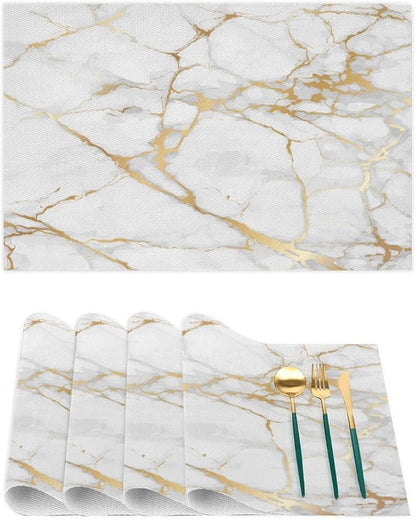 PVC Placemats Set of 1 White Gold Marble Wipeable Table Mats Washable Heat Resistant Non Slip Vinyl Dining Table Mat for Kithen Indoor Outdoor Patio Farmhouse Place Mats Decorative