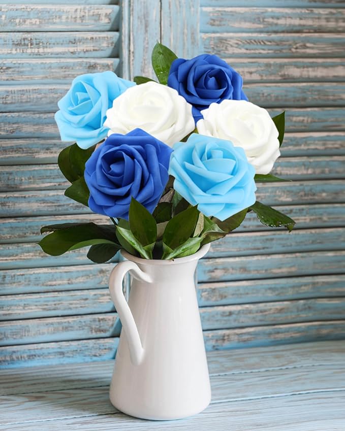 Artificial Flowers Realistic Shades of Blue Roses, Real Looking Fake Roses with Stem for DIY Wedding Bouquets Centerpieces Bridal Shower Party Home Romantic Decorations (Shades of Blue, 100pcs)