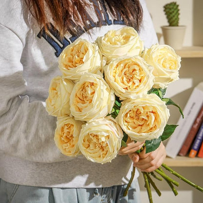 10pcs Real Touch Peonies Artificial Flowers, Faux Austin Rose with Long Stem Look Real Fake Flower for Christmas Valentines Arrangement Wedding Party Home Kitchen Decor(Champagne)