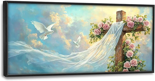 Christian Cross Large Wall Art Religious Faith Hope Pictures Wall Decor Dove Flowers Heaven Canvas Painting Prints Framed Artwork Home Church Decorations for Prayer Bedroom Living Room 60"x30"