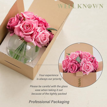 WELL KNOWN Artificial Flowers with Vase, Silk Rose Artificial Flowers Table Centerpieces with Faux Water for Home Decoration Fake Roses Flower Arrangements for Table Decor (Fuchsia)