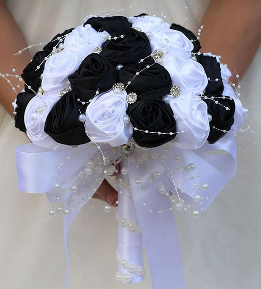 Bridal Wedding Bouquet Round Bling Brooch Bouquet Throw Toss Artificial Rose Flower Bunch for Bride Bridesmaid Wedding Quinceanera(White & Black, 7.5")