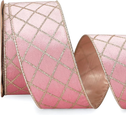 Ribbli Light Pink Velvet Ribbon Wired with Glitter Diamond Grid 2-1/2 Inch Christmas Ribbon for Christmas Tree Decoration Big Bow Gift Wrapping Crafts Wreaths Garland Supplies - 10 Yards