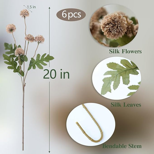 mizii 6Pcs Fake Silk Pompon Mum Artificial Flowers Bulk Small Faux Chrysanthemums with Stems Realistic Floral Decorations for Wedding DIY Bouquet Centerpieces Shower Vase Home Decor (Khaki)