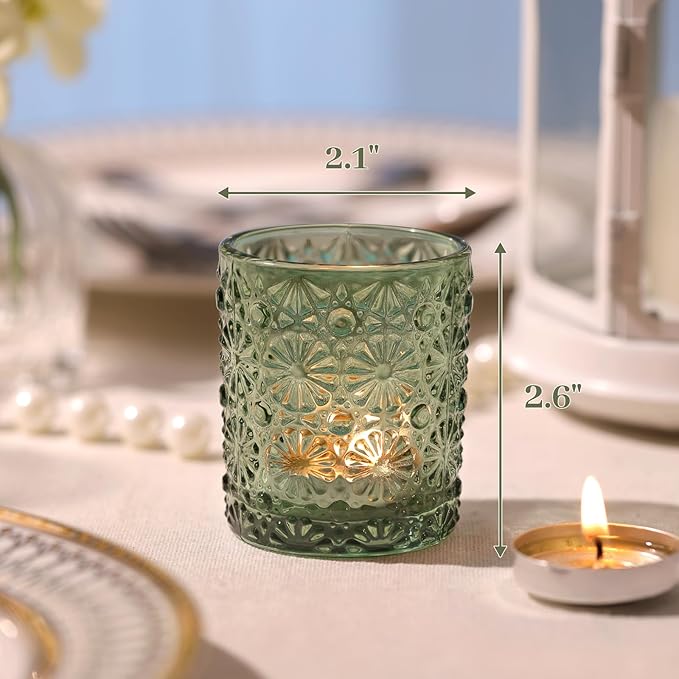 Green Votive Candle Holder Set of 12, Flower Tea Lights Candles Holders for Wedding Table Decor, Birthday Parties, Vintage Home Decor, Bridal Shower and Holiday Decorations