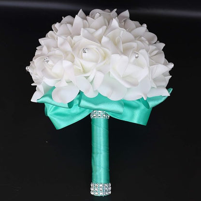 Wedding Bouquet, Green Bouquet for Bride Bridesmaid with Diamond Soft Ribbons, Artificial Rose Bridal Holding Flowers for Party Church