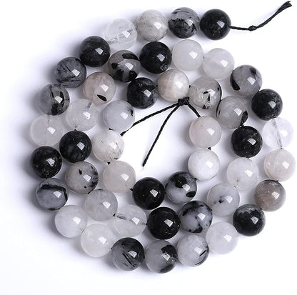 10MM 36PCS Natural Crystal Stone Black Rutile Quartz Gemstone 2A Grade Loose Beads for Jewelry Making DIY Bracelet Necklace Semi Precious Beads 1 Strand