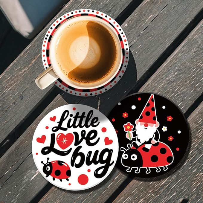 ANATTASOUL Coasters Set of 9 Ladybug and Flowers Pattern Colorful Wooden Coasters Bulk Round Housewarming Gift for New Home, 3.9" Decorative Coffee Table Protection for Farmhouse Bar House Decor