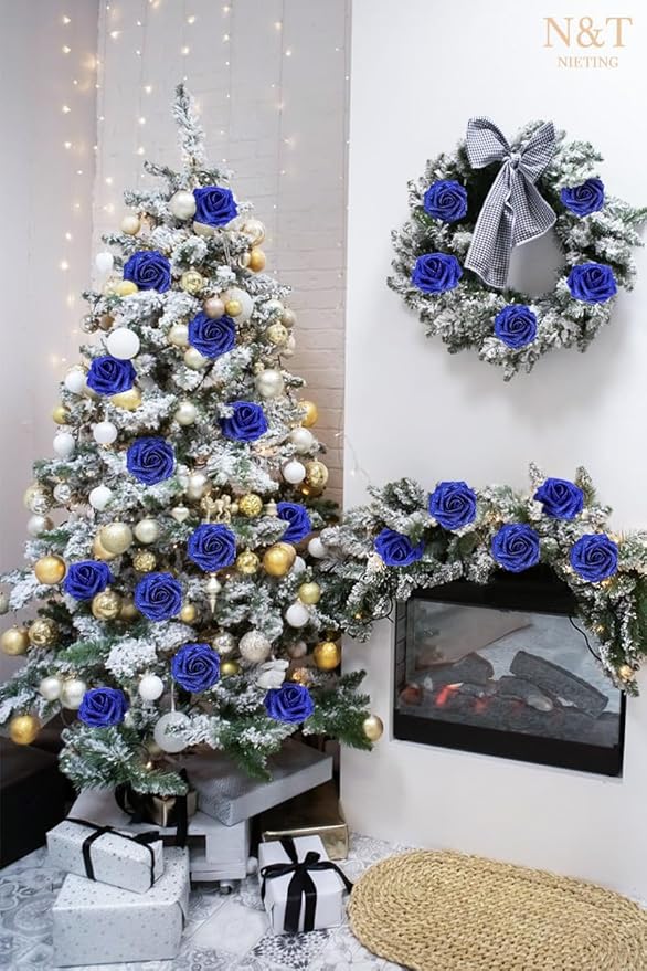 N&T NIETING Artificial Flowers Glowing Navy Blue Flowers Foam 25pcs Glitter Roses Real Looking Fake Roses with Stem for DIY Wedding Bouquets Centerpieces Bridal Shower Party Home Decorations