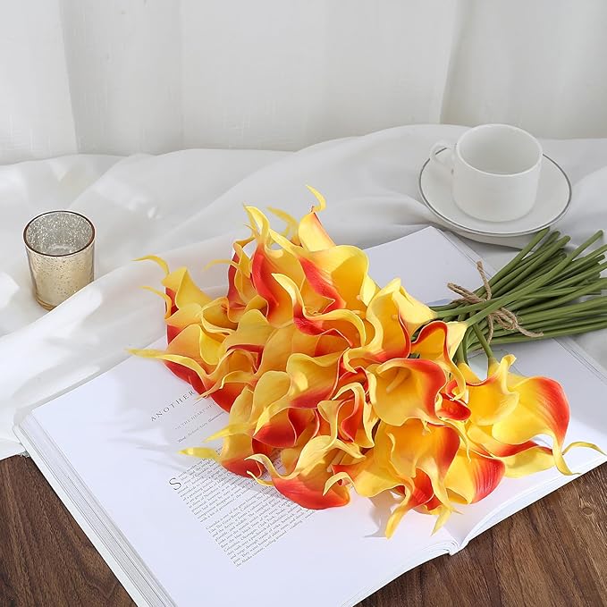 24 Pcs Orange Artificial Calla Lily Flowers Fake Orange Silk Flowers Real Touch for Wedding Bouquet Office Home Kitchen Decor