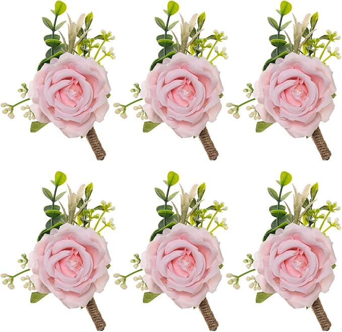 Ivory Rose Boutonniere for Men Wedding Set of 6 Groom Groomsmen Best Man Artificial Flowers Boutonniere for Wedding Ceremony Anniversary Prom Flowers Formal Dinner Party (6, Pink, Middle)