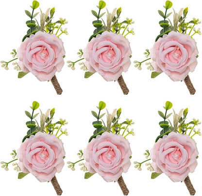 Ivory Rose Boutonniere for Men Wedding Set of 6 Groom Groomsmen Best Man Artificial Flowers Boutonniere for Wedding Ceremony Anniversary Prom Flowers Formal Dinner Party (6, Pink, Middle)