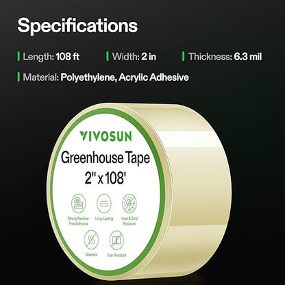 VIVOSUN Greenhouse Repair Tape, 6.3 mil 2" x 108' Weatherproof Clear Poly Patch Tape, Heavy Duty Greenhouse Sheeting Coverings Film Tape for Plastic Sheeting and Tents