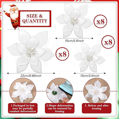 WILLBOND 24 Pcs 3 Size Poinsettia Flower Artificial Christmas Decor Glitter Poinsettia Christmas Ornaments Faux Flowers for Xmas Tree Outdoor(4/6/7.9 Inches,White)
