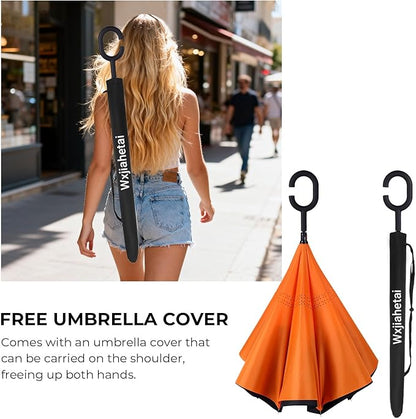 Inverted Umbrella, 49 Inch Double-Layer Vented Reverse Umbrella, Windproof Waterproof UV Protection, Lightweight C-Handle, Fiberglass Ribs, Steel Shaft, Travel/Commute/Car Use, With Sleeve