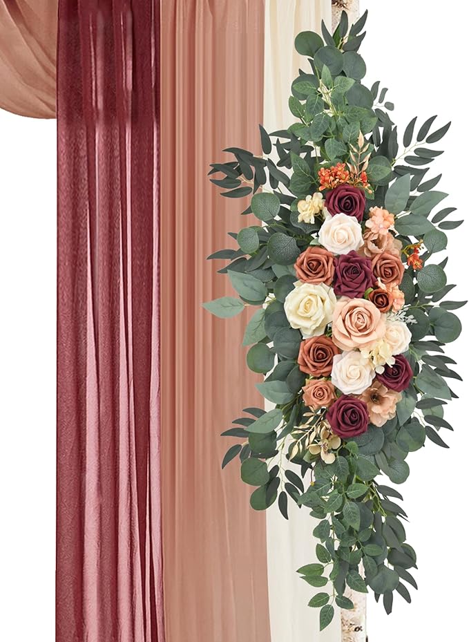 Wedding Arch Flowers Kit Pack of 5, 2pcs Large Artificial Terracotta & Burgundy Floral Swag and 3pcs Draping Fabric for Wedding Ceremony Arbor Reception Backdrop Decoration