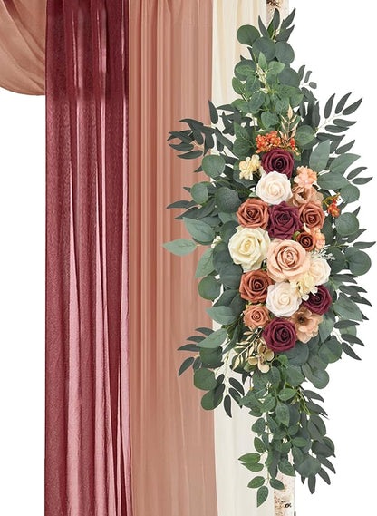 Wedding Arch Flowers Kit Pack of 5, 2pcs Large Artificial Terracotta & Burgundy Floral Swag and 3pcs Draping Fabric for Wedding Ceremony Arbor Reception Backdrop Decoration