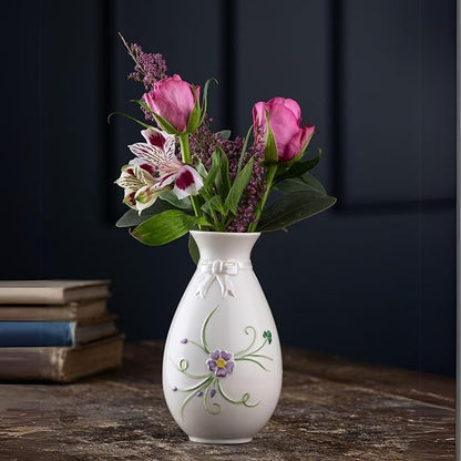 Belleek Ribbon Spill Vase - White Flower Vase Handcrafted Fine Parian China Shamrock Irish Decor, 3.5”D x 6”H