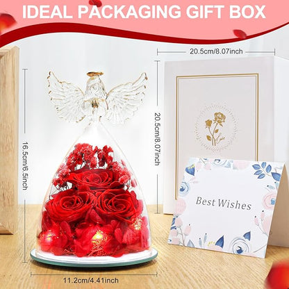 FIACO Preserved Flower Rose for Women, Forever Eternal Fresh Flowers in Glass Angel Figurines Flowers for Delivery Prime Red Roses for Grandma Mom Sister Her Wife on Mothers Day Birthday