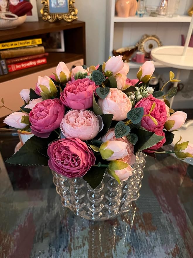 DEEMEI Artificial Peony Flower Silk Peonies Bouquet 4 Bundles Fake Flowers Bulk for Home Wedding Party Decor (Rose Red+Pink)