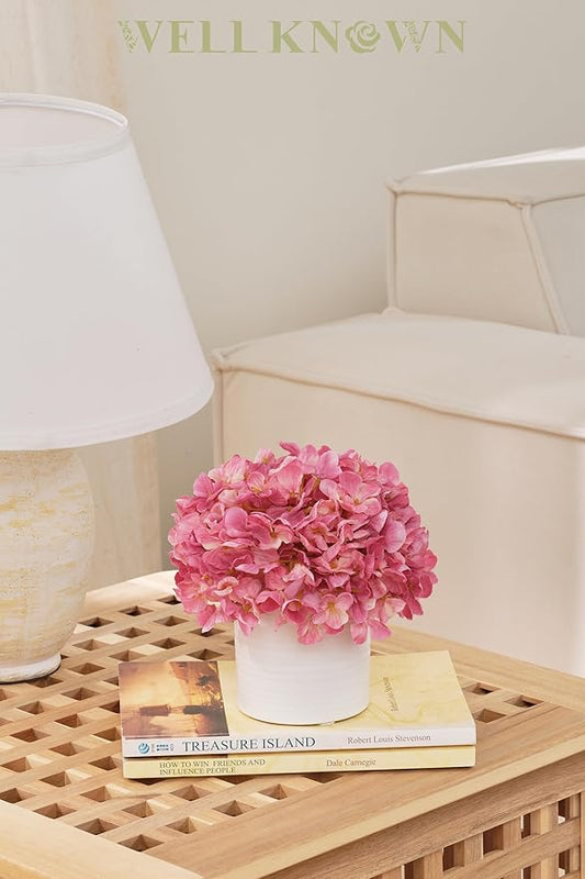 Hydrangea Fake Flowers in Vase, Artificial Flowers with Ceramic Vase Small Faux Potted Floral Arrangements for Bathroom Home Desk Kitchen Counter Vanity Shelf Coffee Table Centerpiece Decor (Hot Pink)