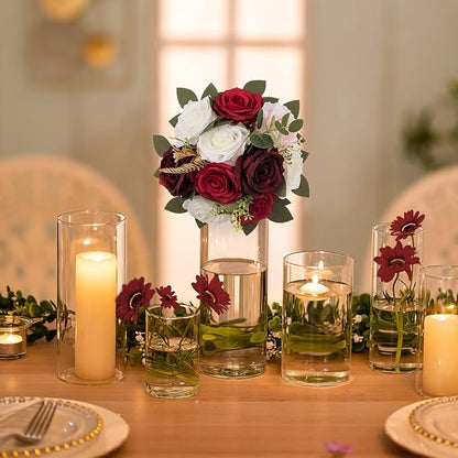 BLOSMON Artificial Flowers Ball Wedding Centerpieces 10 Pcs Burgundy Rose Artificial Flower Center Pieces Decoration for Table Silk Kissing Ball Faux Floral Bouquet Arrangements Home Party DIY Decor