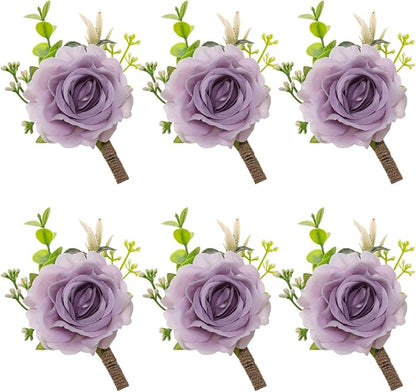 Ivory Rose Boutonniere for Men Wedding Set of 6 Groom Groomsmen Best Man Artificial Flowers Boutonniere for Wedding Ceremony Anniversary Prom Flowers Formal Dinner Party (6, Purple, Middle)