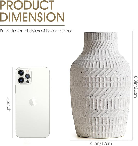 Modern White Ceramic Vase, Boho Flower Vases for Decor, 5.1" W x 8.7" H Modern Vase with Textured Pattern Table Centerpiece for Living Room Office Bedroom (Matte White Vase)