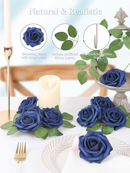 MACTING Artificial Flower Roses 60PCS Real Touch Fake Flowers with Stem Foam Roses for DIY Wedding Bouquet Table Centerpieces Party Holiday Home Indoor Spring Valentines Day Decorations,Navy Blue