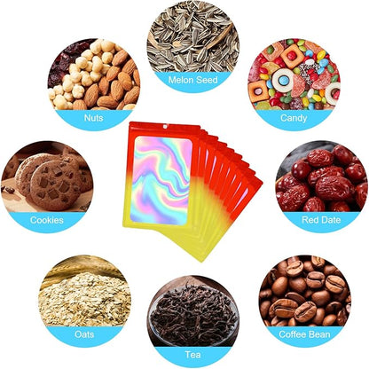400 Pack 4 Size Bags with Clear Window,Scratch Resistant Hand Holographic Packaging Pouch,Resealable Bag for Small Bussiness Cookies Jewelry Candy Sample (Red Yellow, 2.4×3.9,3x4.7,4×7,5.5×7.9 inch)