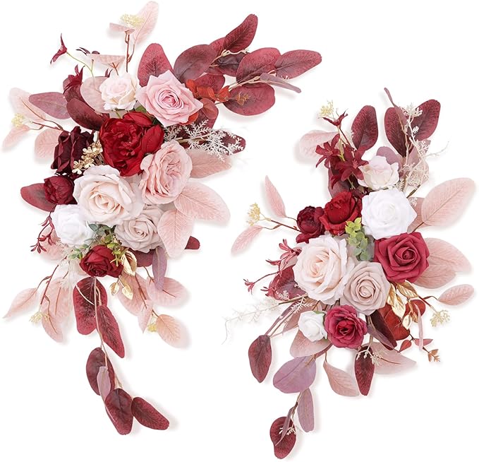 Pack of 2 Wedding Arch Decorations Artificial Hanging Flowers Floral Swag for Wedding Welcome Sign Backdrop Balloon Arch Home Party Bridal Ceremony Reusable(Red)