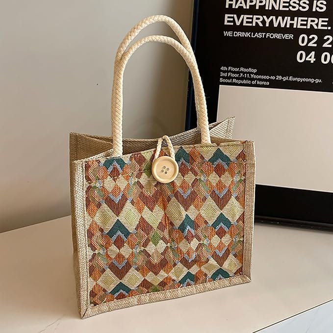 Women Tote Bag,2Pcs Jute Casual Tote's Handbag Embroidered Personalized Bento Bag,Reusable Grocery Bags Shopping Bags