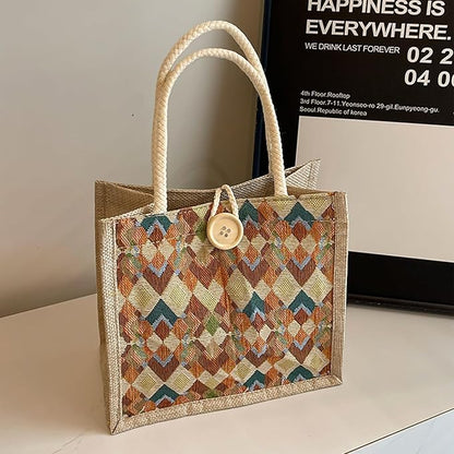 Women Tote Bag,2Pcs Jute Casual Tote's Handbag Embroidered Personalized Bento Bag,Reusable Grocery Bags Shopping Bags