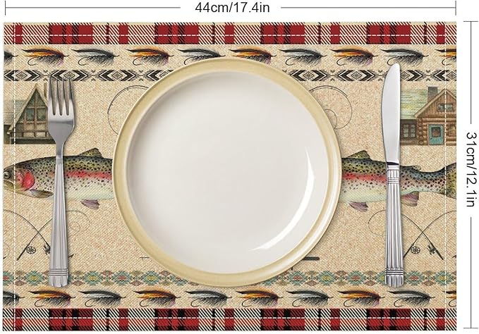 Rustic Cabin Bear Placemats Fishing Rods Lure Southwestern Check Plaid Red Art Printed Dining Table Mats Set of 4 for Home Kitchen Holiday Picnic Party Decor 12x18in