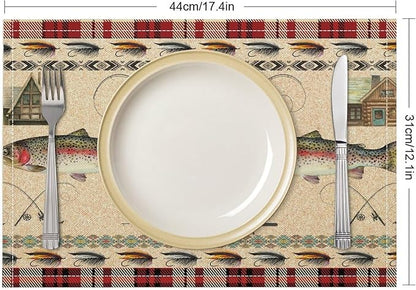 Rustic Cabin Bear Placemats Fishing Rods Lure Southwestern Check Plaid Red Art Printed Dining Table Mats Set of 4 for Home Kitchen Holiday Picnic Party Decor 12x18in