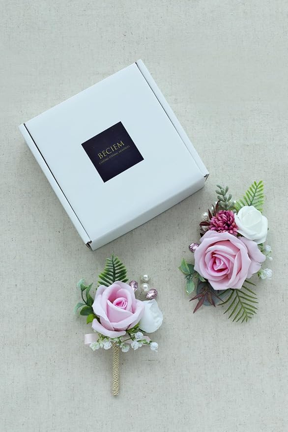 Pink Corsage and Boutonniere Set, Prom Wedding Homecoming Wrist Corsage Wristlet and Boutonniere Set for Grooms Groomsmen Guest Bridal Bridesmaid Artificial Flower Suit Decoration
