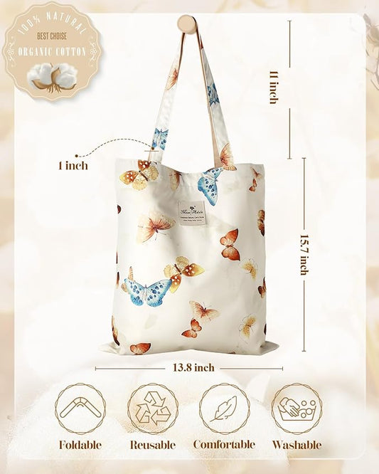 Aesthetic Cotton Tote Bag for Women - Reusable Shoulder Bag with Buckle Fabric Bag for Gym, Travel, Work
