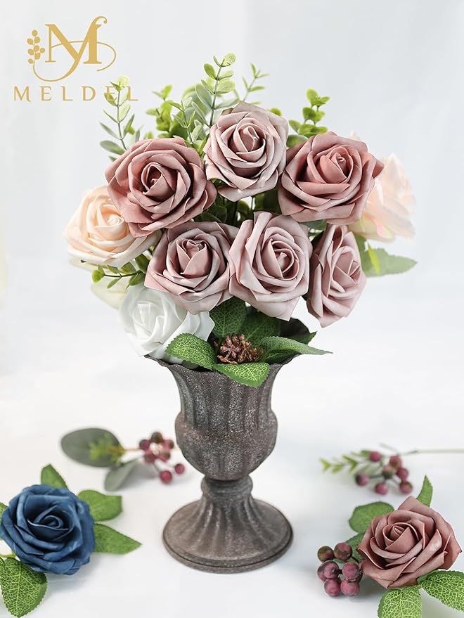 Meldel Artificial Flower 100pcs Real Touch Dusty Pink Rose Fake Foam Roses with Stems for DIY Wedding Bouquets Gifts Bulk Crafts Faux Floral Centerpieces Arrangements Home Party Tables Decorations