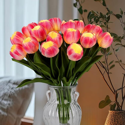 LED Lighted Artificial Tulip Lamp, Real Touch Tulip Flowers, 15 Inch Faux Tulip Bouquet with Battery Operated Lights for Gifts, Home Kitchedn Wedding Decor(Hot Pink)
