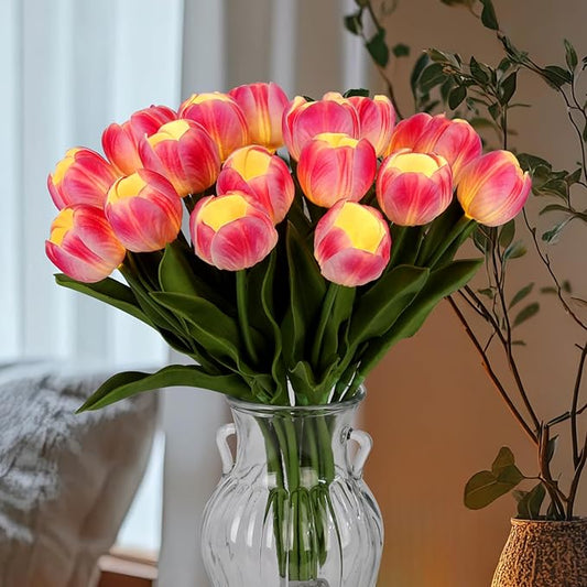 LED Lighted Artificial Tulip Lamp, Real Touch Tulip Flowers, 15 Inch Faux Tulip Bouquet with Battery Operated Lights for Gifts, Home Kitchedn Wedding Decor(Hot Pink)