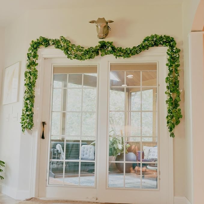 CQURE 8 Pack 5.9Ft Eucalyptus Garland,Artificial Eucalyptus Flowers Leaves Table Greenery Garland Wreath Vines for Wedding Party Table Bedroom Wall Decor