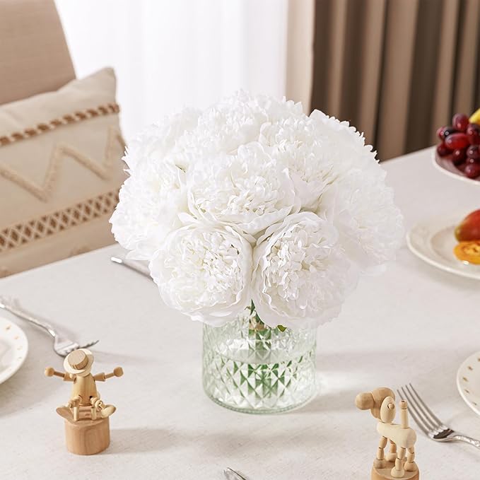 U'Artlines Artificial Peony Silk Flower with Stems 10pcs Real Look Vintage Peonies for Home Wedding Decoration(Pure White)