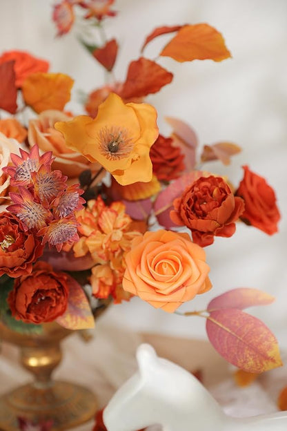 Orange Artificial Flowers Box Set Gradient Color Foam and Silk Fake Flowers with Stems for DIY Wedding Bridesmaid Bridal Bouquets Centerpieces Party Fall Home Decoration